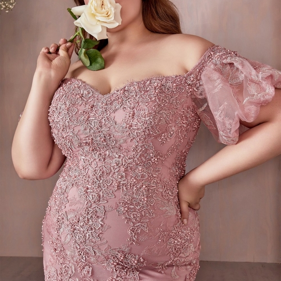 Puff sleeve lace mermaid long dress plus size purple violet or rose - Picture 2 of 8